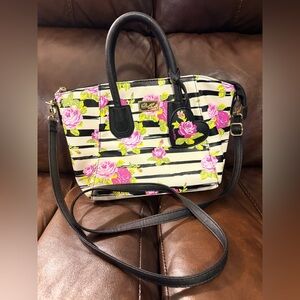 Betsey Johnson Black and White Stripped Floral Satchel